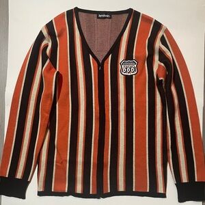 Hysteric Glamour Striped V‑Neck Cardigan in Orange, Brown & Cream
